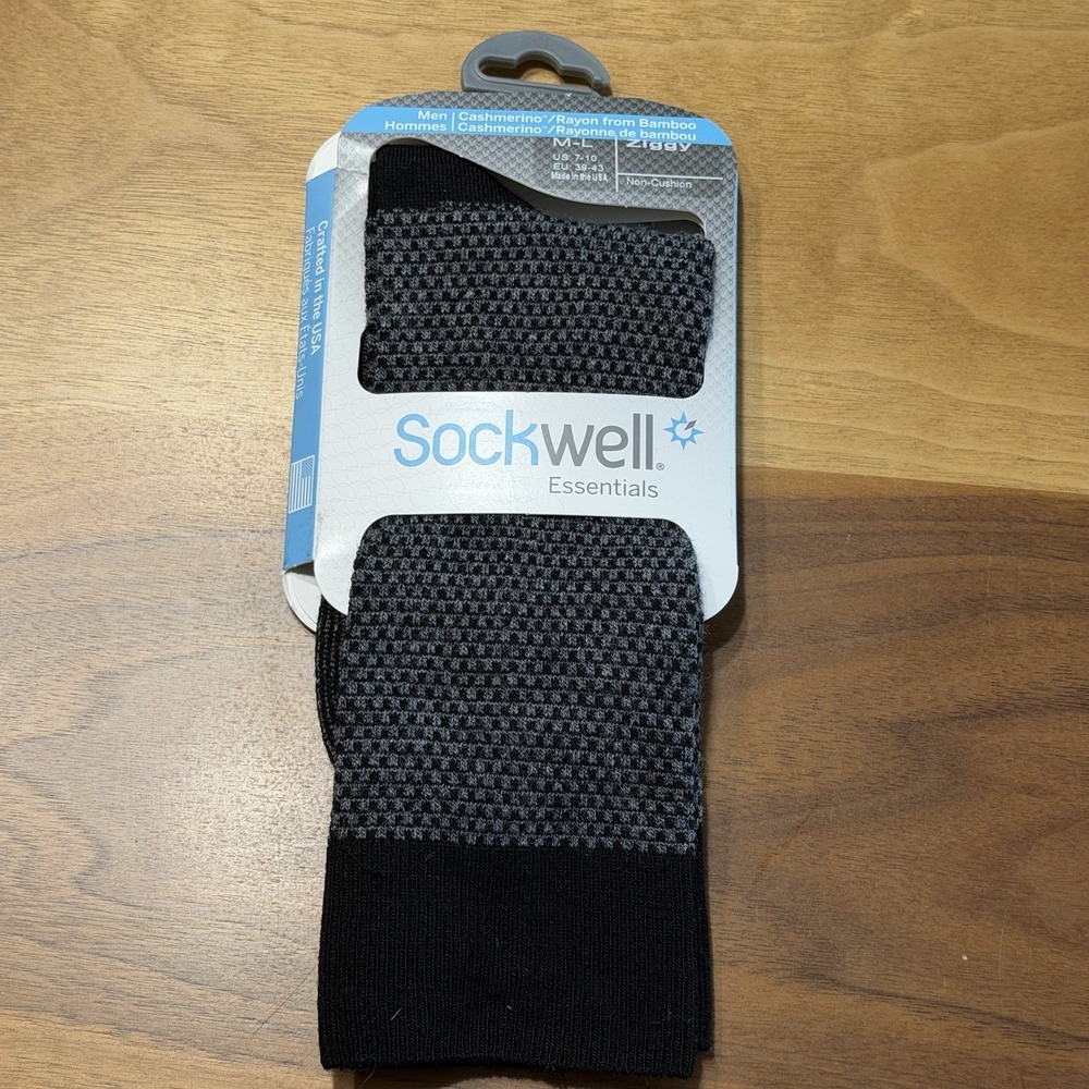SockWell Socks Mens M-L Black Merino Wool Stretch Ziggy Crew 1 Pair Made USA